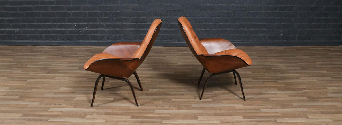 George Mulhauser Tufted Leather & Walnut Lounge Chairs for Plycraft
