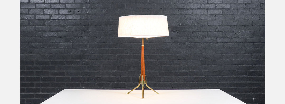 Gerald Thurston Tripod Sculpted Brass & Walnut Table Lamp