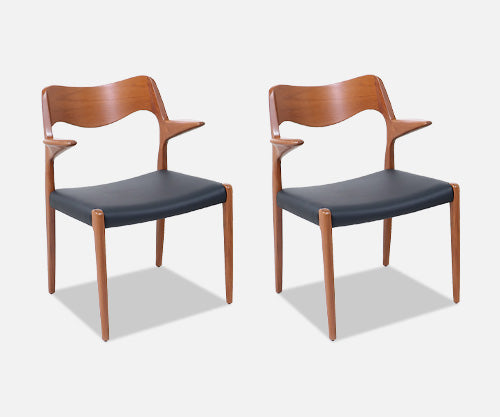 Niels Møller Model-71 Leather & Teak Arm Chairs for J.L. Møllers
