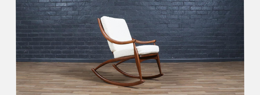 Mid-Century Modern Sculpted Walnut & Boucle Rocking Chair