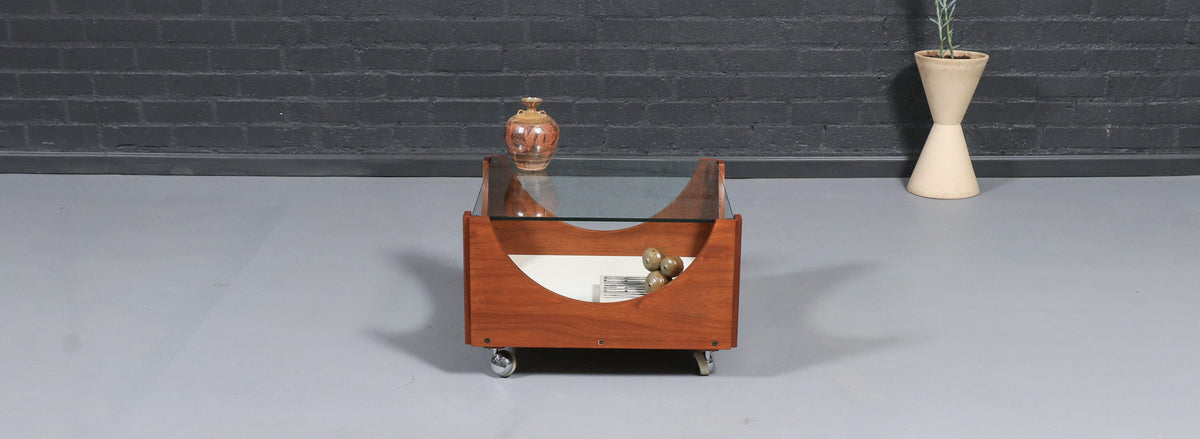 H.W. Klein Rolling Teak Coffee Table w/ Floating Glass Top for Bramin