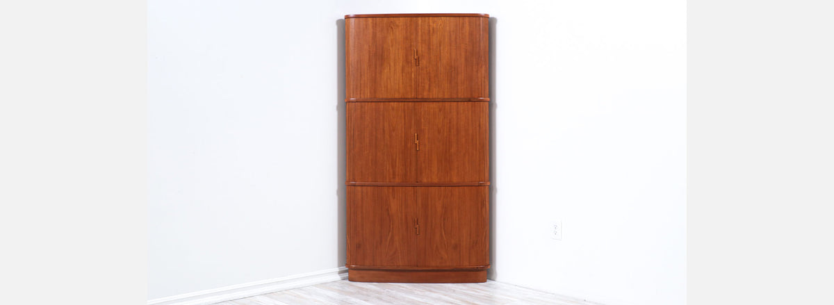 Danish Modern Tambour-Door Teak Corner Cabinet 