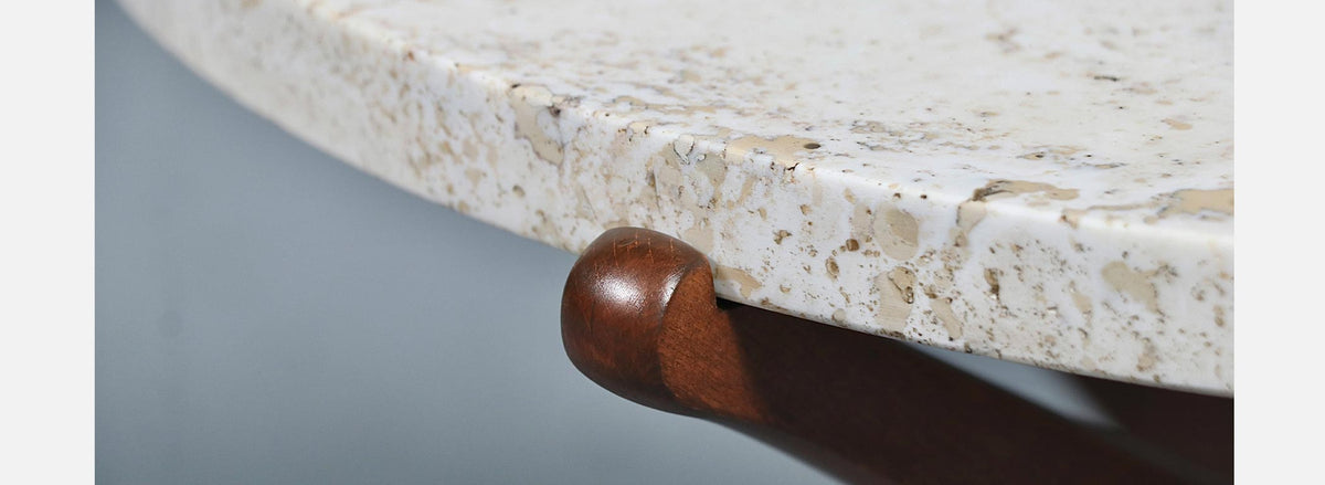 Italian Mid Century Sculpted Wood & Travertine Side Table