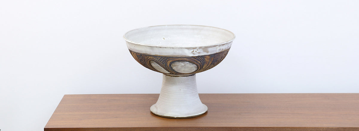Mid-Century Modern Signed Large Ceramic Footed Bowl Vase