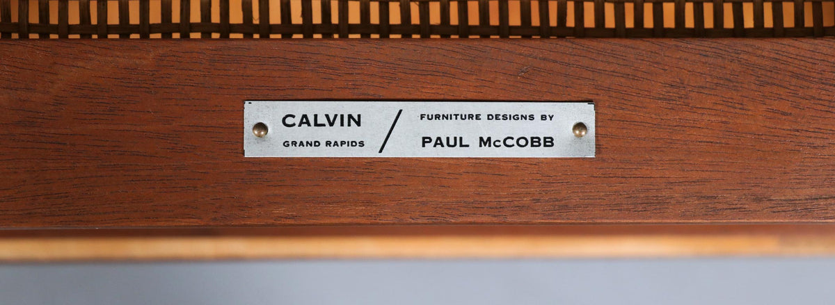 Paul McCobb Leather Top Side Tables w/ Cane Shelves for Calvin Furniture