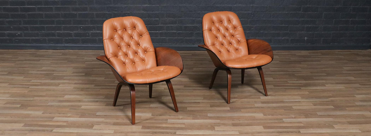 George Mulhauser Tufted Leather & Walnut Lounge Chairs for Plycraft