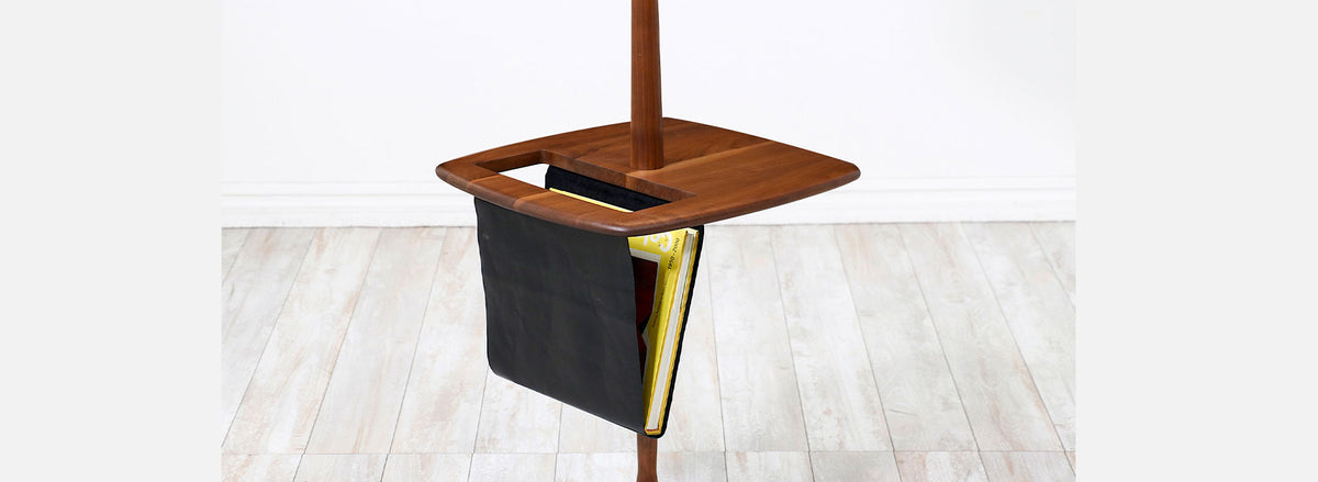 Mid-Century Modern Floor Lamp with Leather Magazine Holder by Laurel Lamp Co.