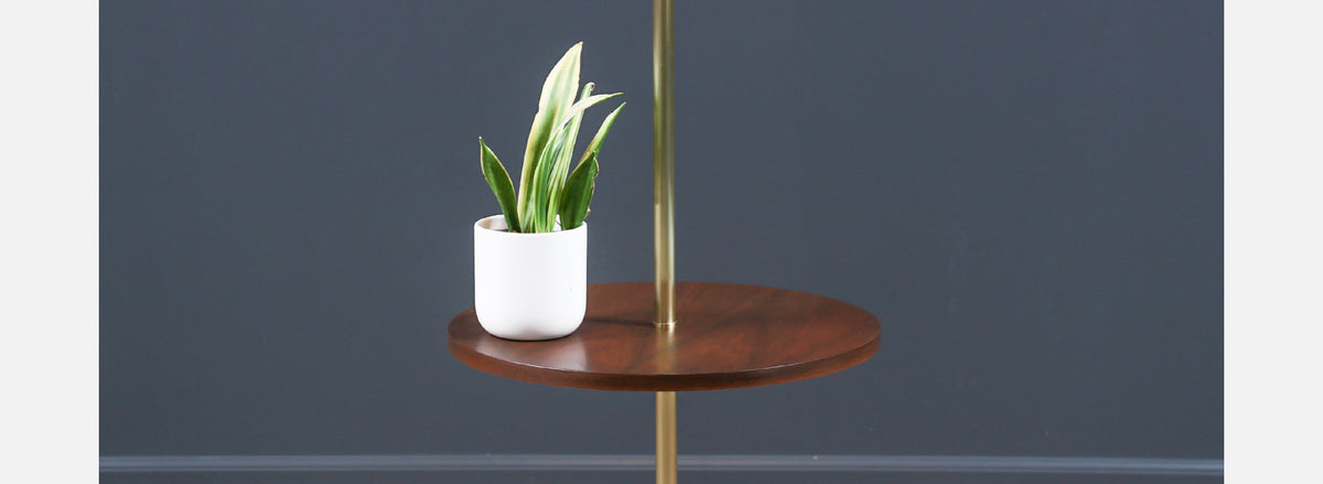 Mid-Century Sculpted Brass Tripod Floor Lamp w/ Side Table by Laurel