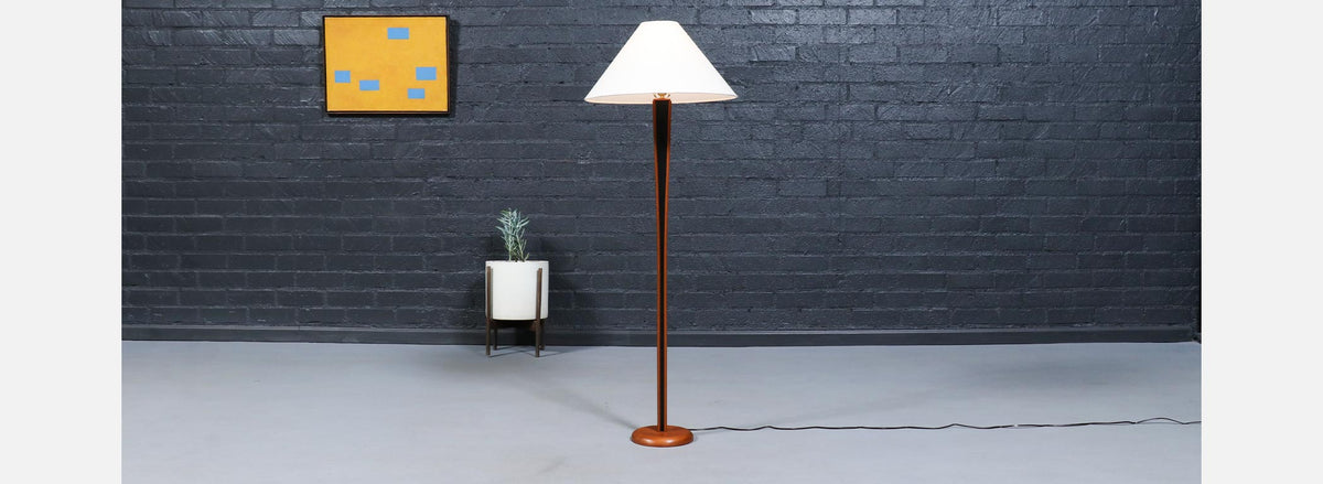 Danish Modern Sculptural Teak Floor Lamp w/ Linen Cone Shade