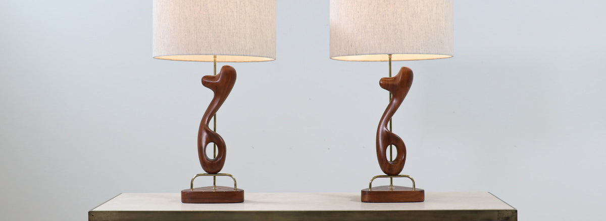 Arthur Jacobs Abstract Walnut & Brass Table Lamps for Modeline of CA
