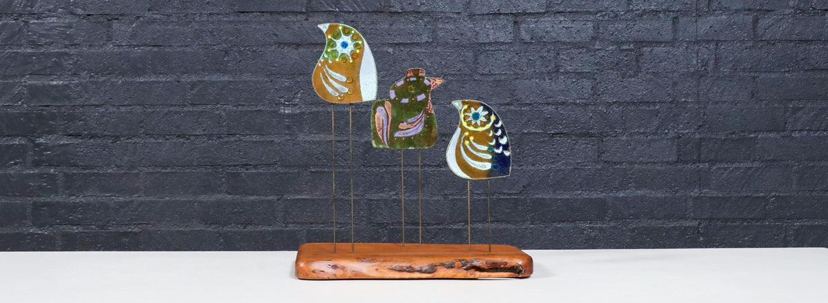 California Modern Enameled Bird Family Sculpture by Curtis Jere