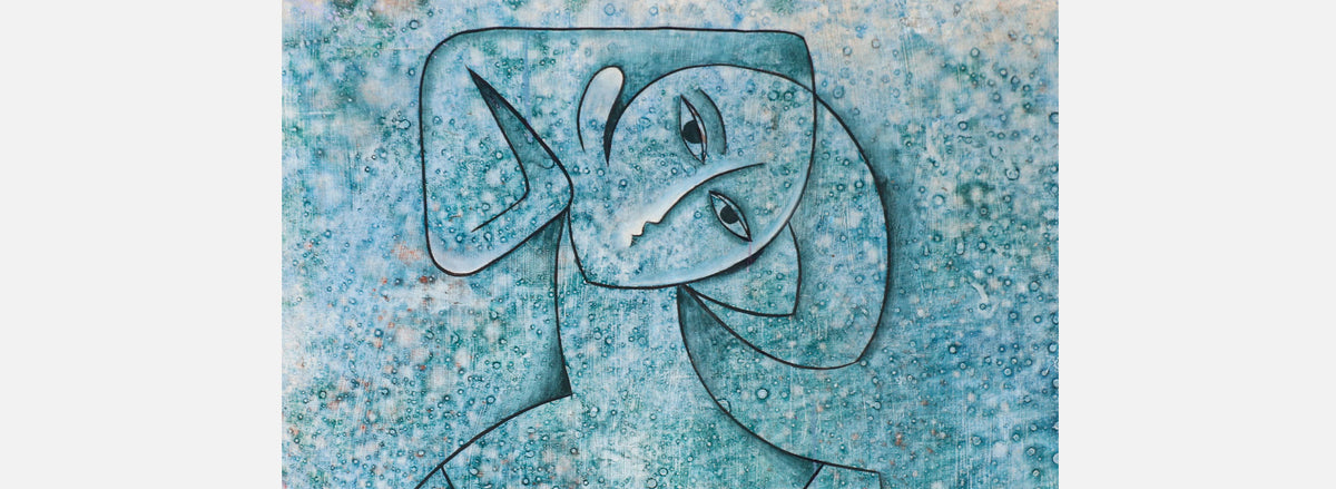 Mid-Century Modern Abstract Blue Women Painting by Larry Maschino