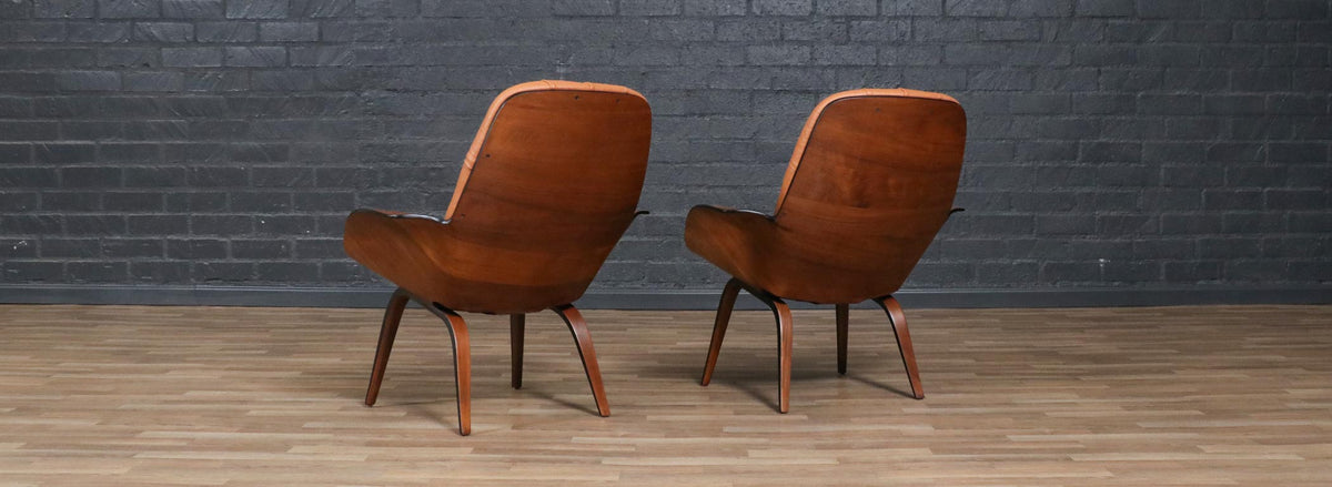 George Mulhauser Tufted Leather & Walnut Lounge Chairs for Plycraft