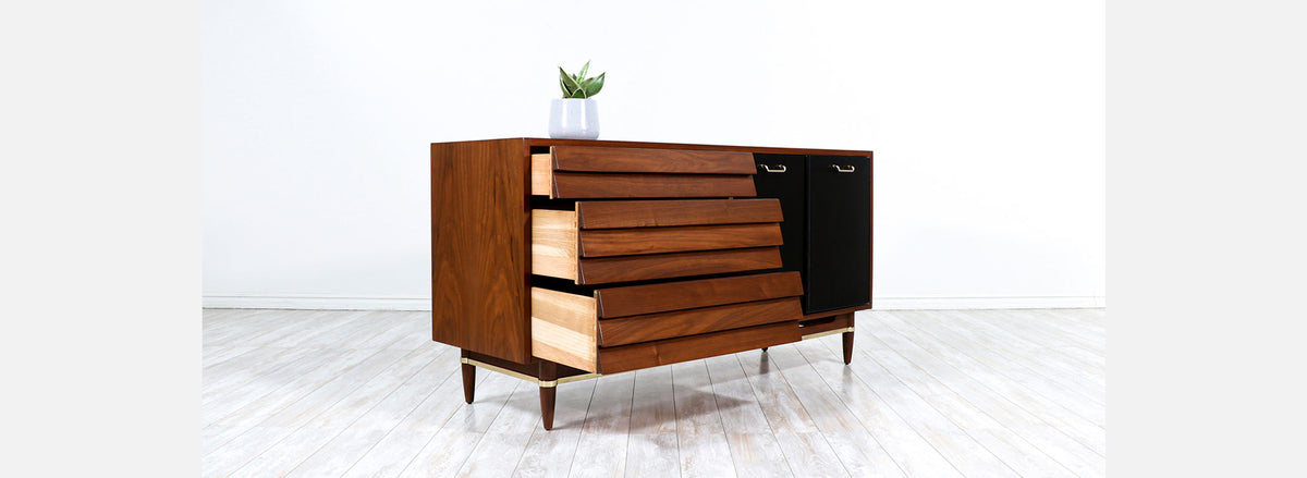 Merton Gershun Walnut Dresser with Lacquered Doors & Brass Accents