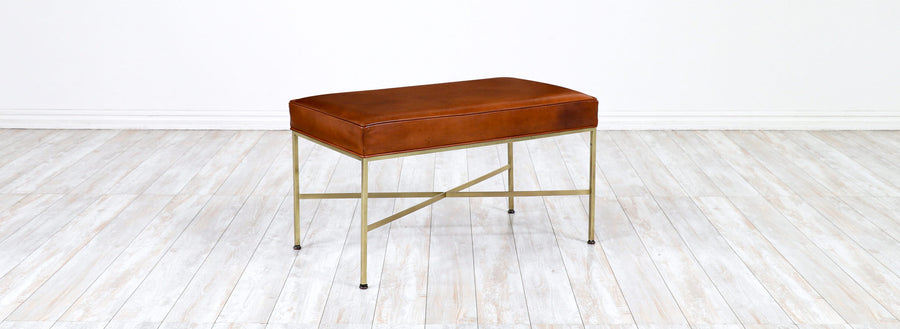 Paul McCobb “Irwin Collection” Cognac Leather Stool w/ Brass Accents