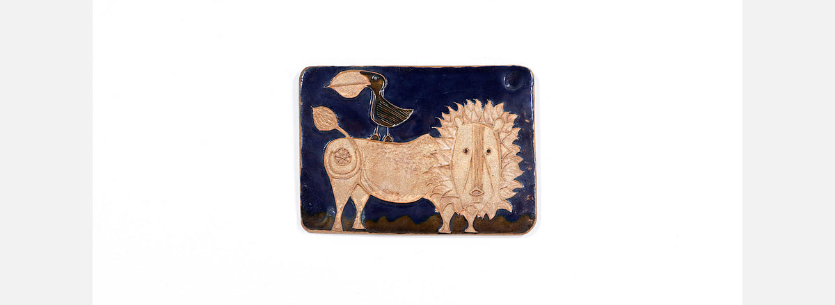 California Modern "Bird & Lion" Ceramic Plaque Art Work by Bertil Vallien