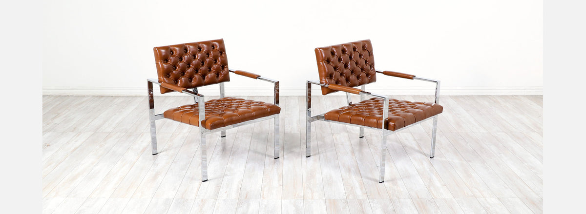 Milo Baughman Cognac Leather & Chrome Lounge Chairs for Thayer Coggin