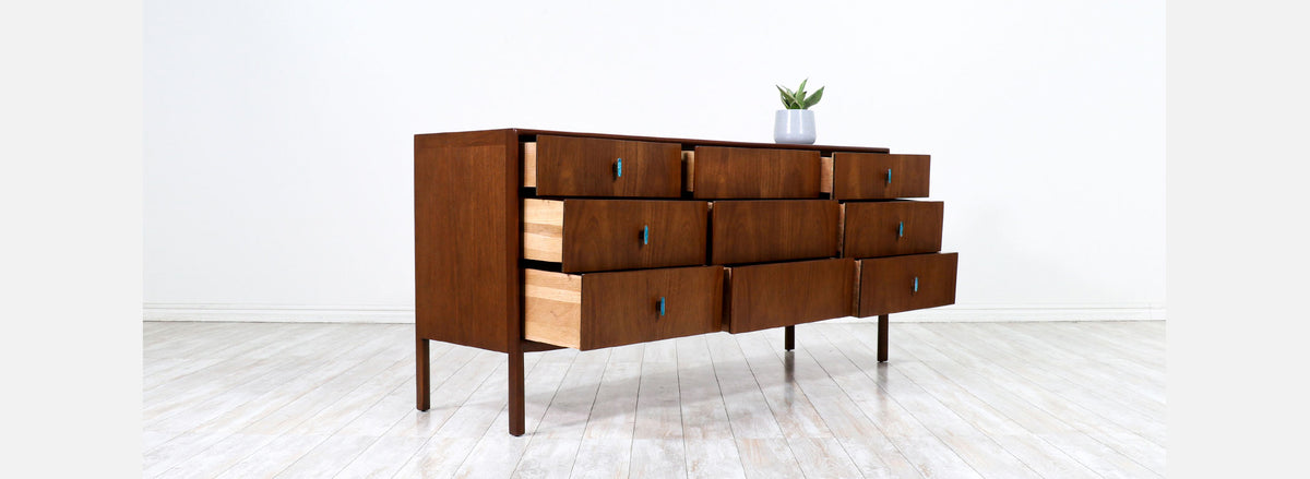 Mid-Century Modern Dresser with Turquoise Enameled Inlaid Pulls 