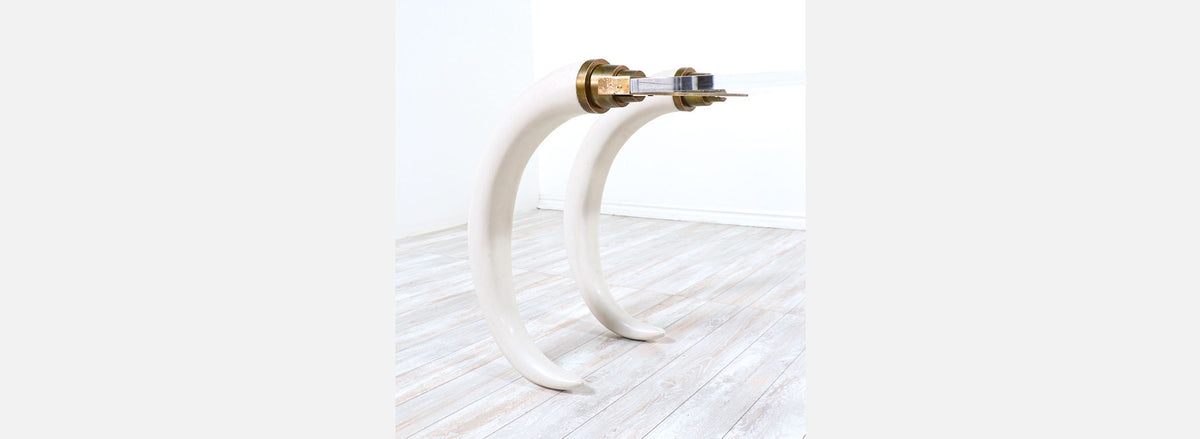 1970s Modernist Faux Elephant Tusk Brass & Lucite Console Table