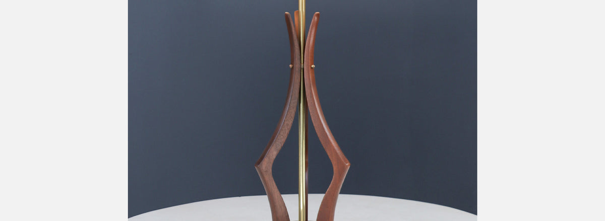 Mid-Century Sculpted Walnut with Brass Accent Table Lamp