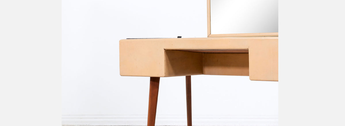 George Nelson Leather & Walnut Illuminated Vanity with Mirror & Ottoman for Herman Miller