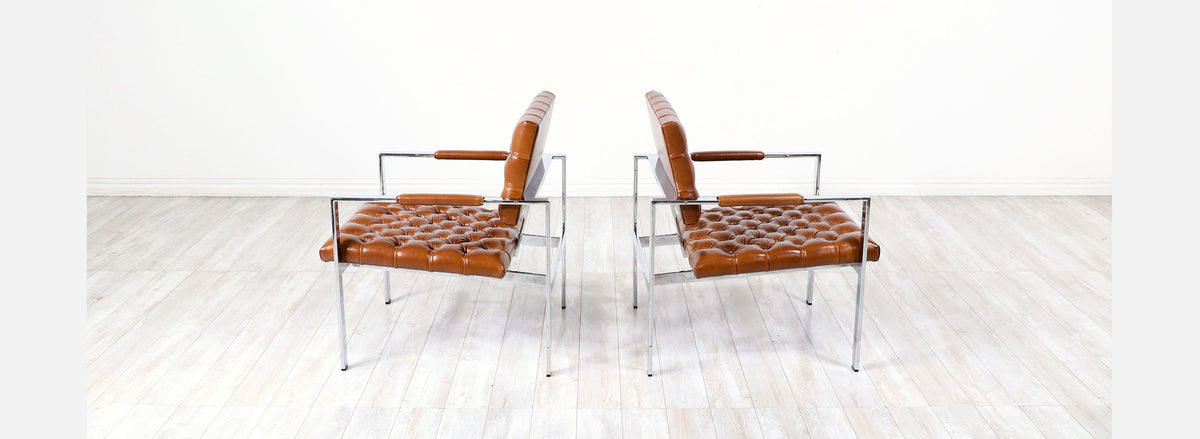 Milo Baughman Cognac Leather & Chrome Lounge Chairs for Thayer Coggin