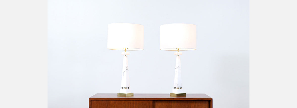 Mid-Century Italian Marble & Brass Pyramid Style Table Lamps