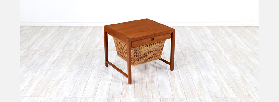 Danish Modern Teak Sewing Side Table with Wicker Basket