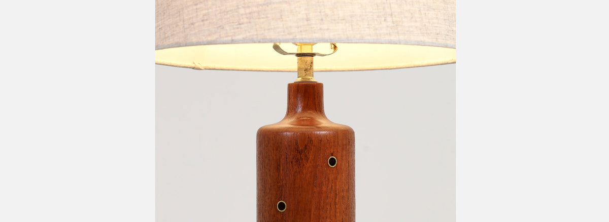 Danish Modern Teak & Leather Table Lamp with Brass Inlaid by H. Paaske