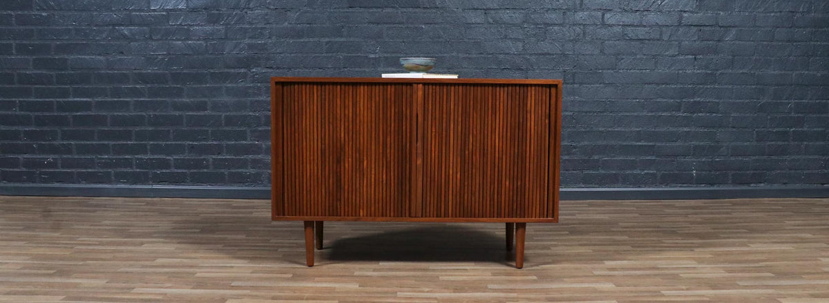 California Modern Walnut Tambour-Door Credenza by Barzilay