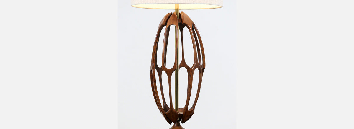 Mid-Century Modern Sculpted Walnut with Brass Accent Table Lamp