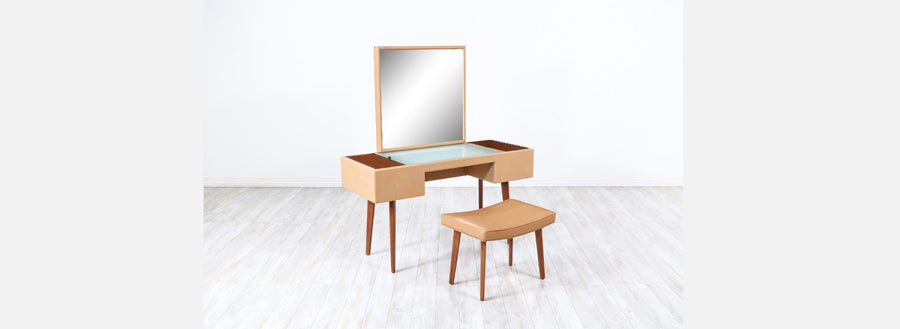 George Nelson Leather & Walnut Illuminated Vanity with Mirror & Ottoman for Herman Miller