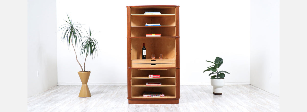 Danish Modern Tambour-Door Teak Corner Cabinet 