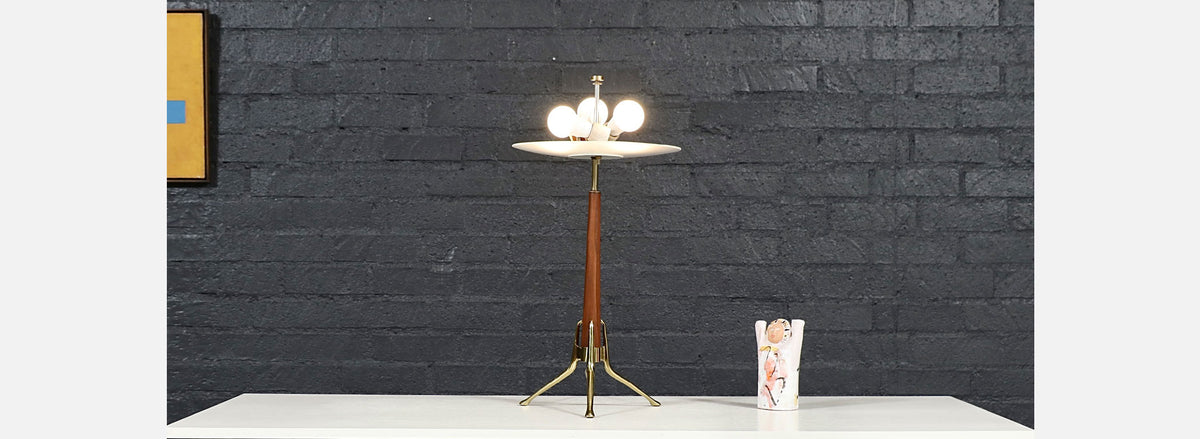 Gerald Thurston Sculpted Tripod Brass & Walnut Table Lamp for Lightolier 