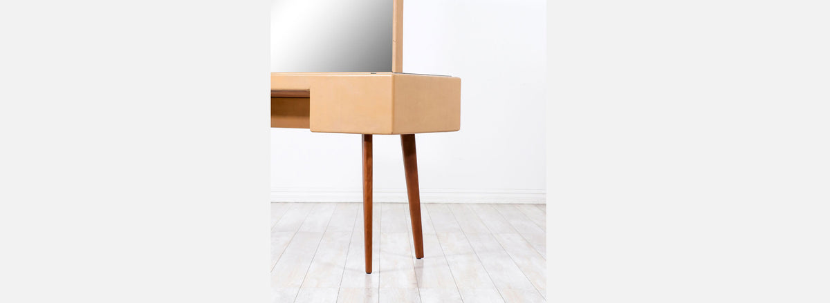 George Nelson Leather & Walnut Illuminated Vanity with Mirror & Ottoman for Herman Miller