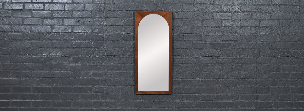 Mid-Century Modern Sculpted Walnut Beveled Frame Arch Mirror