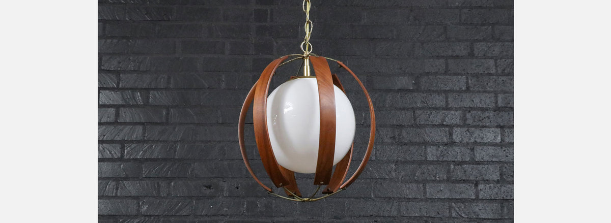 Mid-Century Modern Walnut & Brass Orb Pendant Chandelier 