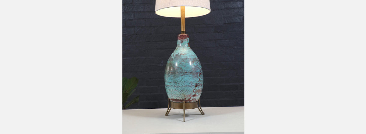 Mid-Century Glazed Ceramic w/ Brass Tripod Base Table Lamp by Marbro