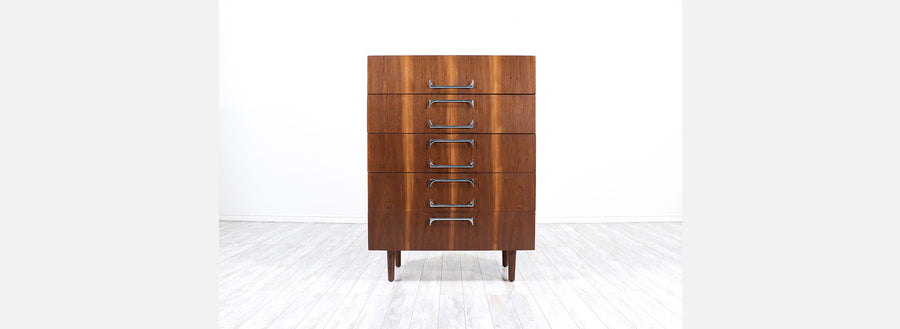 Mid-Century Modern Walnut Chest of Drawers with Sculpted Chrome Pulls
