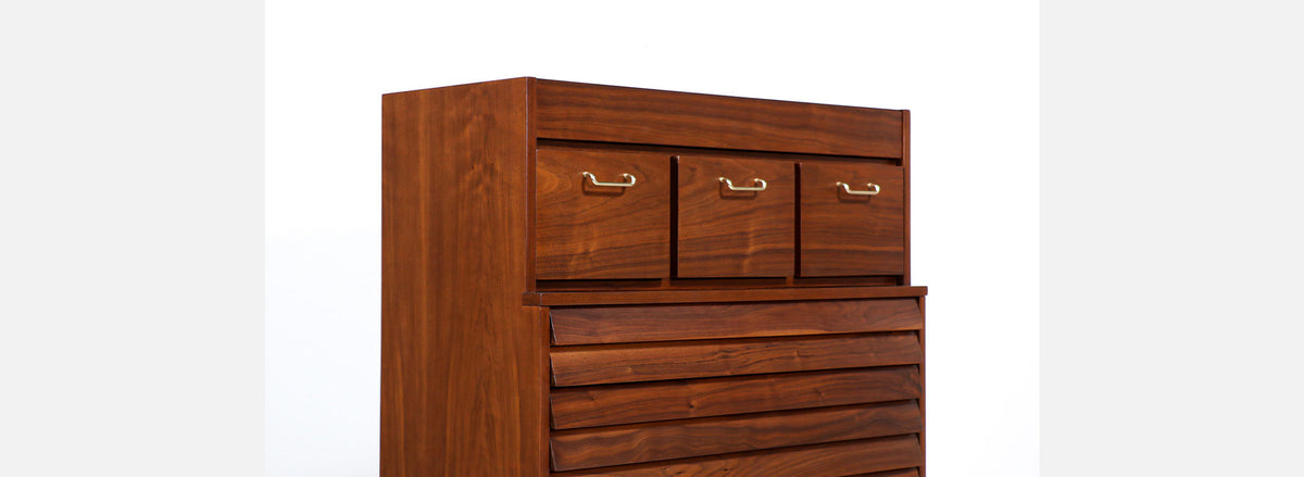 Merton L. Gershun Walnut Chest of Drawers with Brass Accents for American of Martinsville