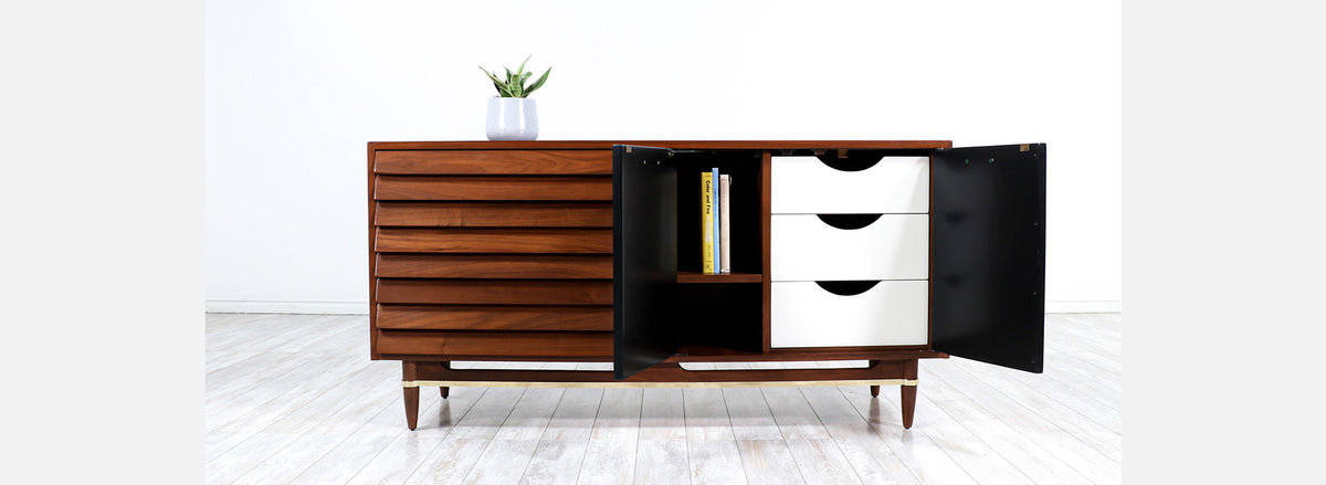 Merton Gershun Walnut Dresser with Lacquered Doors & Brass Accents