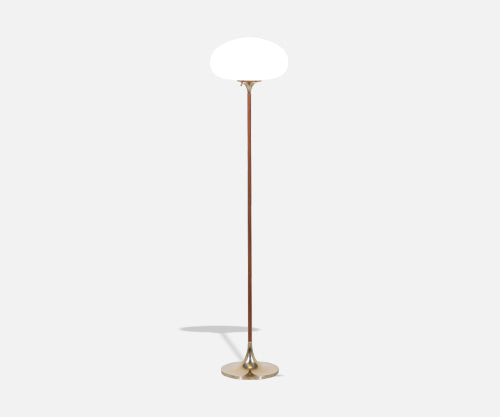 Mid-Century Modern “Mushroom” Brass & Teak Stem Floor Lamp by Laurel
