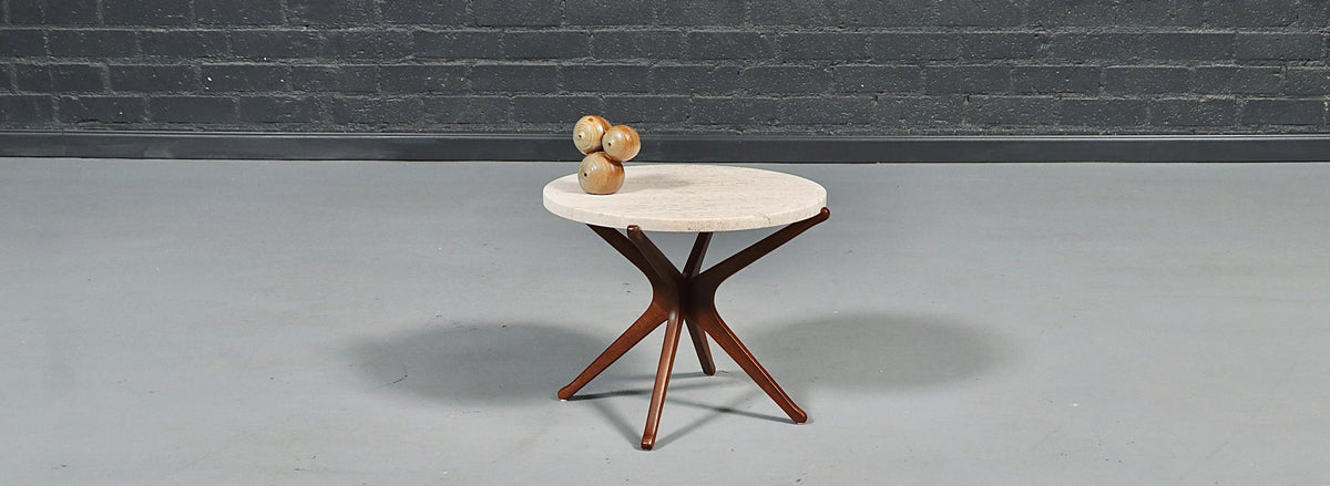Italian Mid Century Sculpted Wood & Travertine Side Table