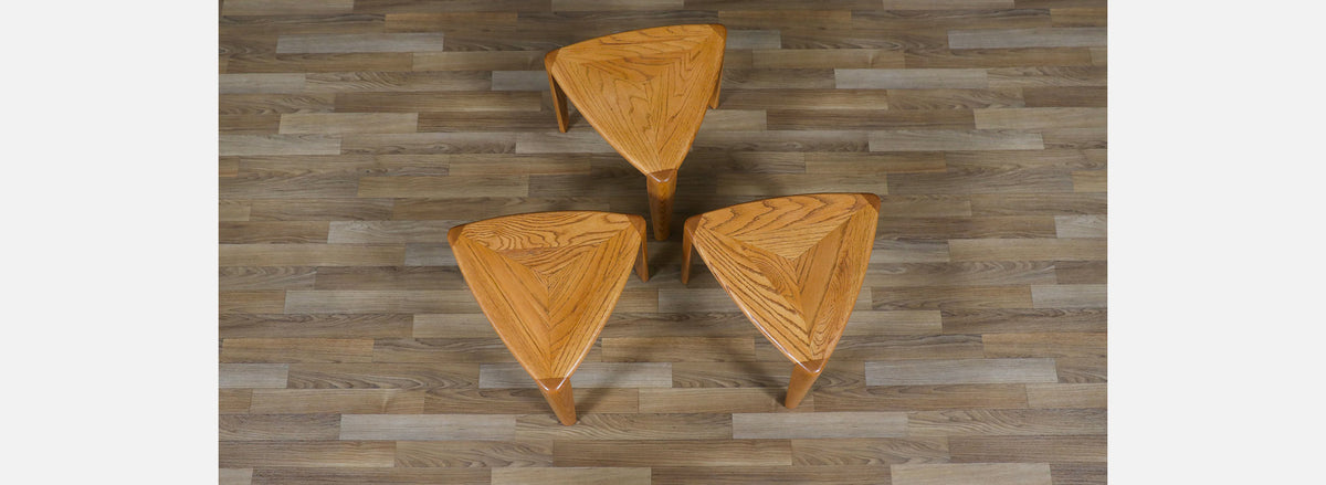 Mid-Century Modern Triangular Oak Tri-Leg Side Tables