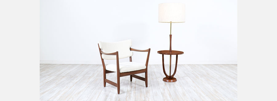 Mid-Century Modern Sculpted Walnut & Brass Floor Lamp with Side Table