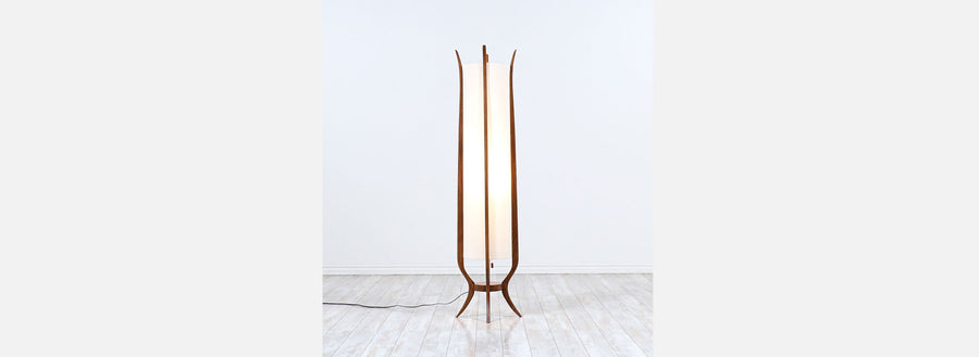 Mid-Century Modern Sculpted Walnut Floor Lamp with New Linen Shade