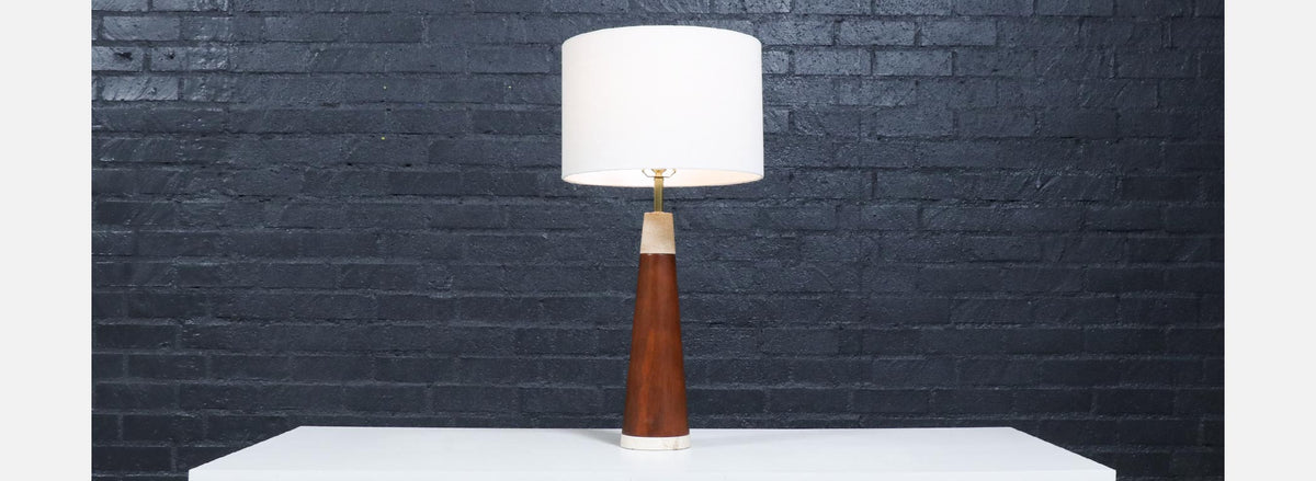 Italian Travertine & Walnut Cone Style Table Lamp