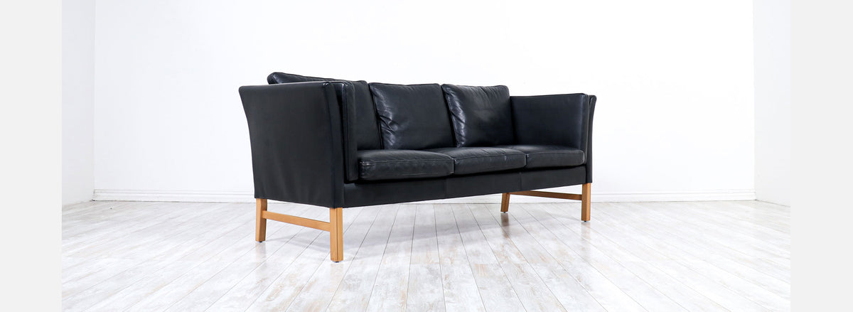 Danish Modern Black Leather 3-Seater Sofa by Svend Skipper
