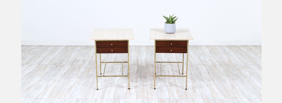 Paul McCobb "Irwin Collection" Travertine & Brass Night Stands for Calvin Furniture