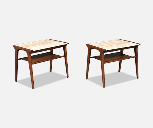 John Van Koert “Profile” Travertine Top Side Tables for Drexel